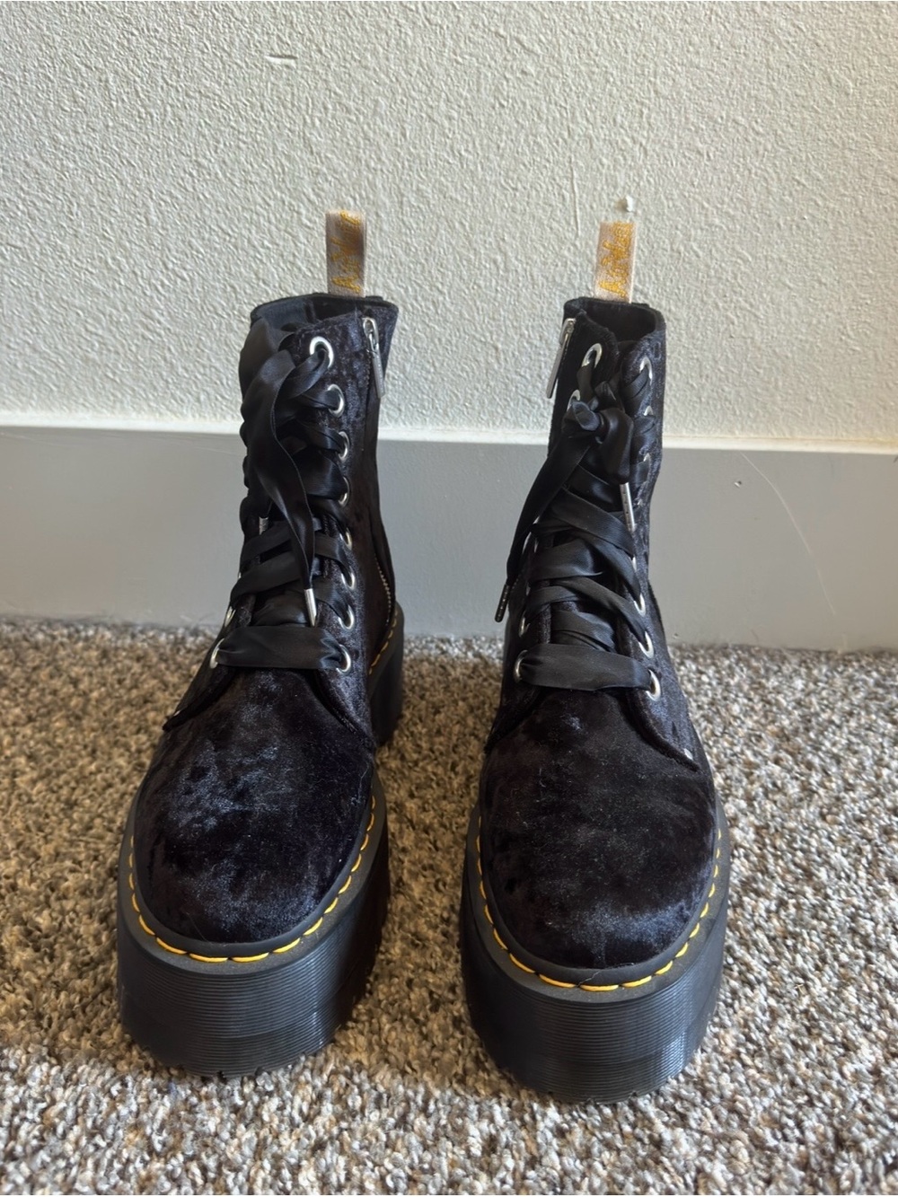 Black Velvet Platform Combat Boots - Women's